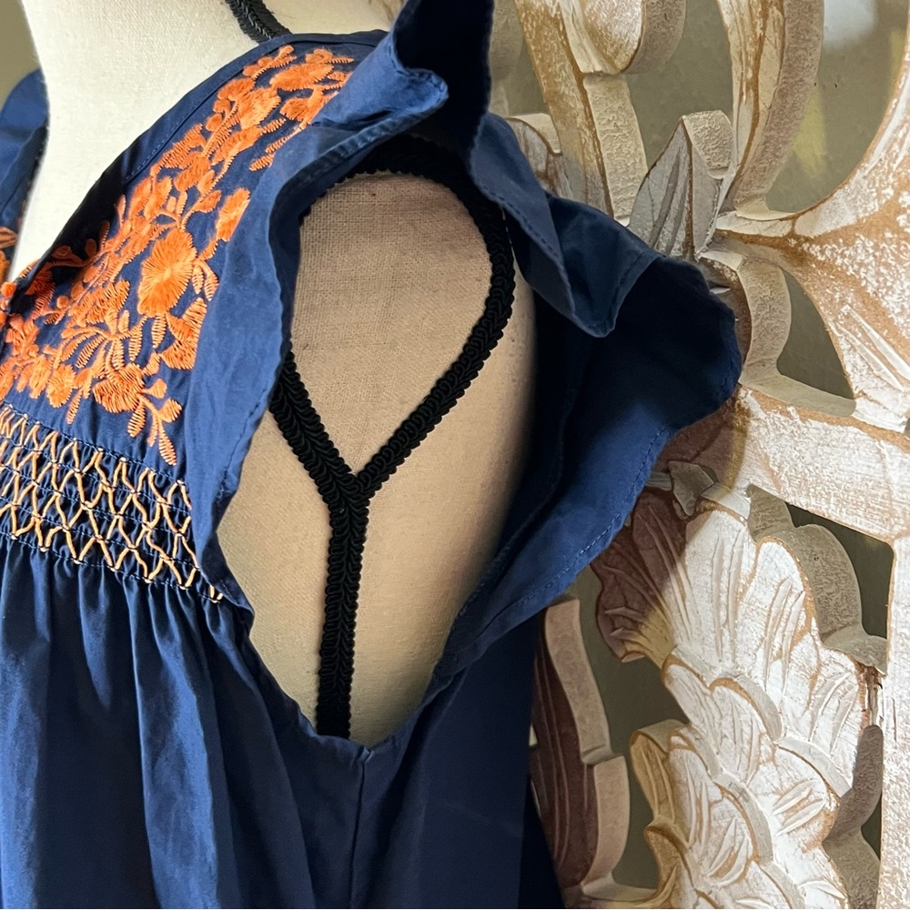 EUC L Love Blue Ruffled Navy Orange Embroidered Tiered Sundress w Tassels S M - Picture 4 of 7